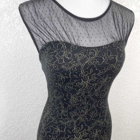 Free People Black Gold Floral Embroidered Polka Dot Mesh Sleeveless Dress Sz XS - Picture 3 of 7